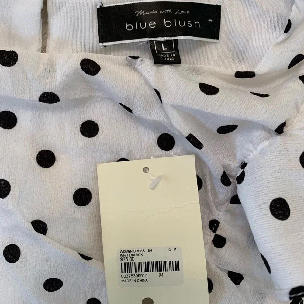Blue Bush Black & White Polka Dot Ruffle Ruched Woven Dress Size Large